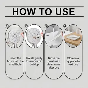Step-by-step instructional guide showing how to use the shower head cleaning brush