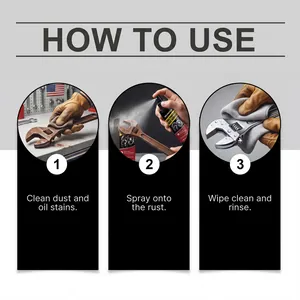 3-step instruction guide showing how to use Hikmarion rust remover on a rusty wrench