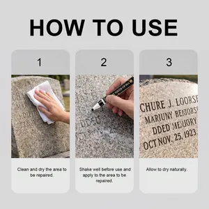 Three-step instructional guide for using the stone repair pen on outdoor tombstone markers