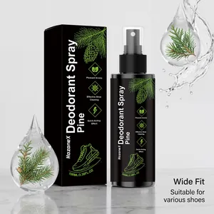 Detailansicht von HozoneX Schuh-Deodorant-Spray mit Kiefernduft und Verpackung