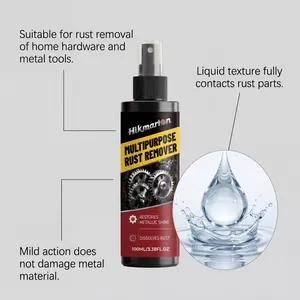 Detail showing Hikmarion rust remover spray liquid texture and metal shine effect.
