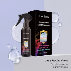 Jue Fish 100ml kleurbeschermende wasmiddel spray en verpakking voor textiel kleurbescherming.