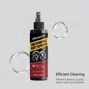 Close-up of Hikmarion 100ml multipurpose rust remover spray with water droplets