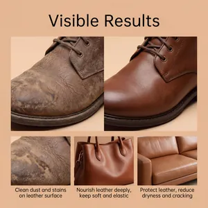 Before and after leather care comparison for boots, bags and sofa cleaning results.