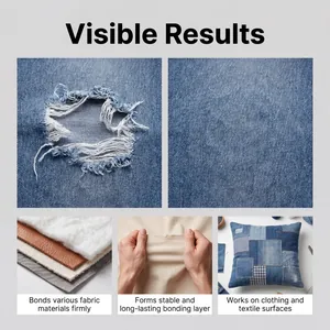 Macrodetail van reparatieresultaten met textiellijm op denim en diverse stoffen