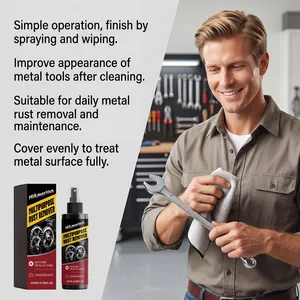 Man using multipurpose rust remover spray to clean and restore shine to a metal wrench