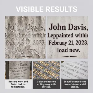 Professional stone repair pen before and after results on tombstone text restoration