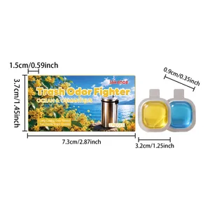 Precise dimensions for Jakehoe Trash Odor Fighter packaging and two fragrance pods