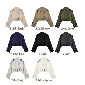 Detailed view showing eight color options for women's cropped trench coat with belt