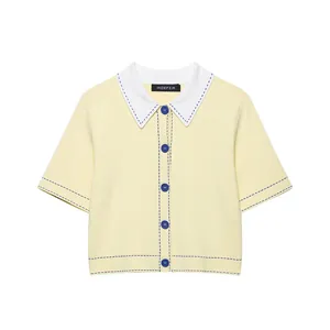 Haut en Maille à Manches Courtes pour Femme Col Contrasté Pull Ample Style Rétro Surpiqûres Contrastées pour Automne Élégant Quotidien