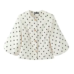 Blazer vintage français blanc à pois noirs avec boutons décoratifs en forme de fleurs