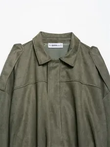 Detail view of olive green faux suede bomber jacket collar with shoulder epaulettes