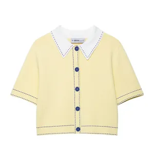 Women Casual Contrast Stitching Knit POLO Shirt Short Sleeve Button Down Cardigan Top With White Collar Patchwork Outerwear