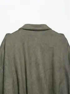 Detailed back view of this olive green faux suede bomber jacket showing lapel collar