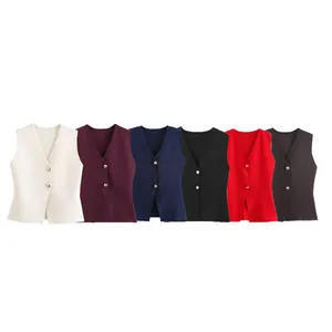 Gilet en Tricot à Col en V pour Femmes Coupe Cintrée Boutons Dorés Couleur Unie Haut d'Automne Décontracté et Élégant