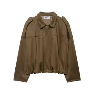 Stylish brown faux suede cropped bomber jacket with lapel collar and epaulettes