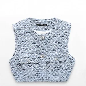 Gilet élégant en tweed bleu pour femme avec fil métallisé brillant et boutons argentés