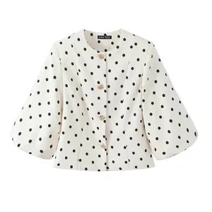 Veste Blazer Slim à Pois Rétro Français pour Femme Élégante Manche Lanterne Bouton Doré Décoratif Manteau Court Blazer