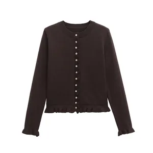 Elegant dark brown round neck knit cardigan with ruffle hem and cuffs for spring