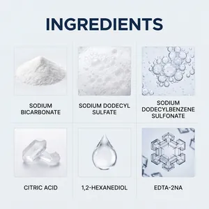 Vista dettagliata degli ingredienti del pulitore lavatrice con acido citrico e bicarbonato di sodio