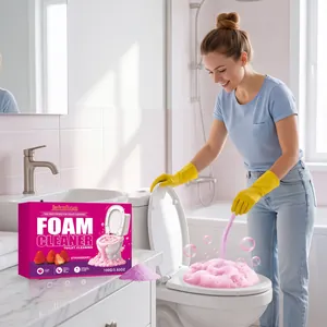 Strawberry scented toilet foam cleaner powder creating thick pink bubbles in a bowl