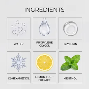 Detailed ingredients chart for shoe deodorant spray featuring lemon fruit and menthol