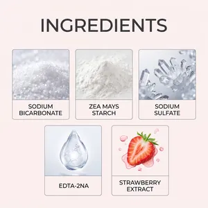 Detailed ingredients of toilet cleaning powder including sodium bicarbonate and strawberry extract