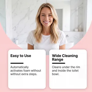 Smiling woman in bathroom showing features of automatic foaming toilet cleaning powder.