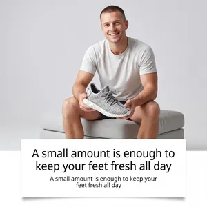 Detailed view of model holding a sneaker to illustrate daily shoe deodorizer spray effect