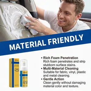 Detailed view of RayHong foam cleaner showing car interior cleaning application