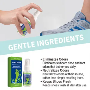 Jue Fish foot odor spray detail showing usage on sneakers and product features.