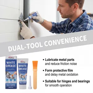 RayHong white grease detail showing applicator tip, brush, and garage door lubrication.