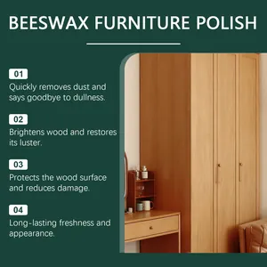 Infografía con beneficios del pulidor de muebles de cera para cuidar madera sólida