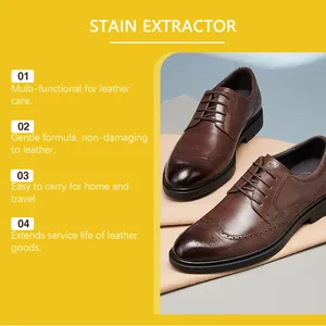 Effective leather stain extractor demonstrated on professional brown brogue dress shoes