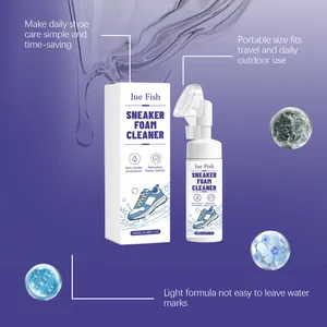 Macro view of Jue Fish sneaker foam cleaner with 100ml bottle and built-in brush head