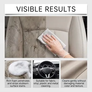 Multi-purpose foam cleaner detailing car seat cleaning results on leather and vinyl