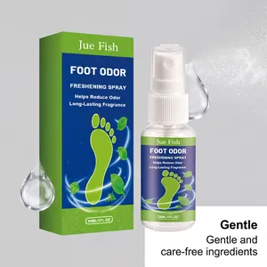 Jue Fish 30ml foot odor freshening spray bottle and packaging box close-up view