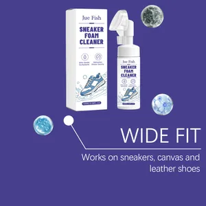 Detailed view of Jue Fish sneaker foam cleaner with 100ml bottle and packaging box