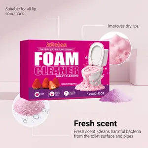 Jakehoe strawberry scented foam toilet cleaner detail showing pink powder and bubbles