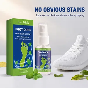 Detailed view of Jue Fish Foot Odor Freshening Spray with packaging and mint leaves