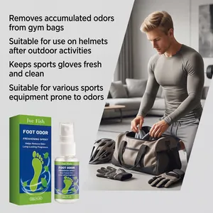 Jue Fish foot odor spray shown with sports equipment like gym bags and helmets.