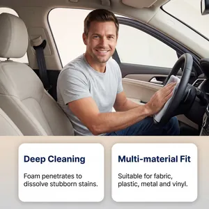 Man cleaning car steering wheel with foam cleaner for professional deep cleaning results