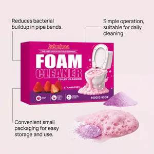 Detail view showing strawberry scented toilet foam cleaner powder and foaming effect