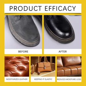 Leather cleaner efficacy showing before and after results on leather shoes, sofa, and bags.