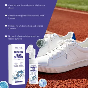 Detailed features of Jue Fish sneaker foam cleaner showing 100ml bottle and usage benefits