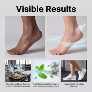 Comparison showing foot deodorant spray neutralizing shoe odors with mint scent