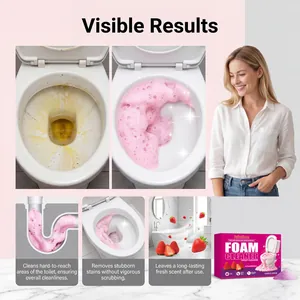 Strawberry foam toilet cleaner powder for removing stubborn stains and odor effectively.