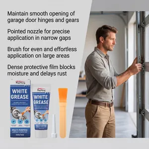 White grease set with nozzle and brush shown next to garage door application photo.