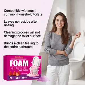 Lifestyle view of strawberry scented foaming toilet cleaner powder with bathroom model