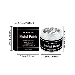 Vista detallada de dimensiones de pintura metálica plateada HOMEXA con caja y frasco